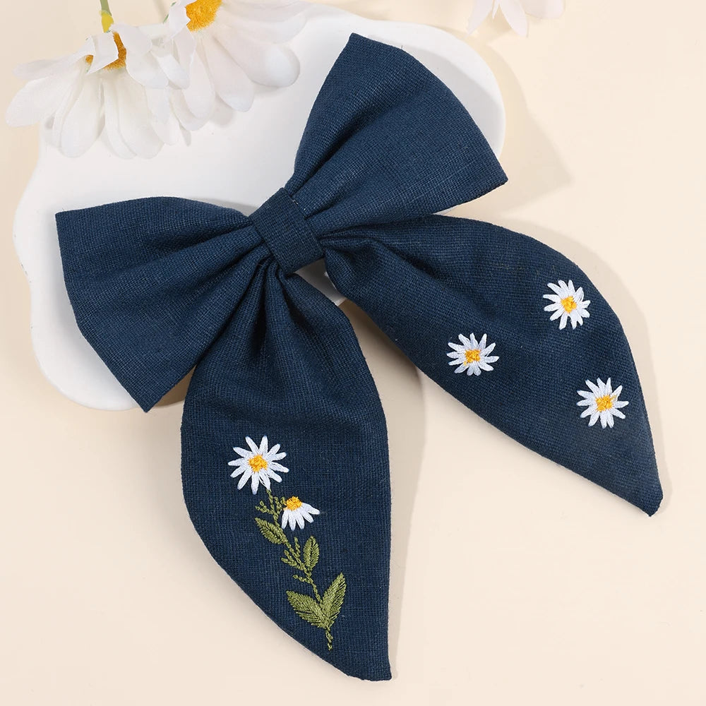 Daisy Embroidery Hair Ribbon Bow Clip