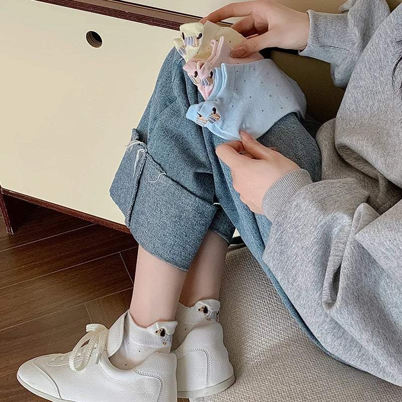Spring Summer Thin Women Short Socks Polka Dots Cute Cartoon Sausage Dog Embroidery Boat Socks Pure Cotton Short Trendy Socks - Ice Cream Cake