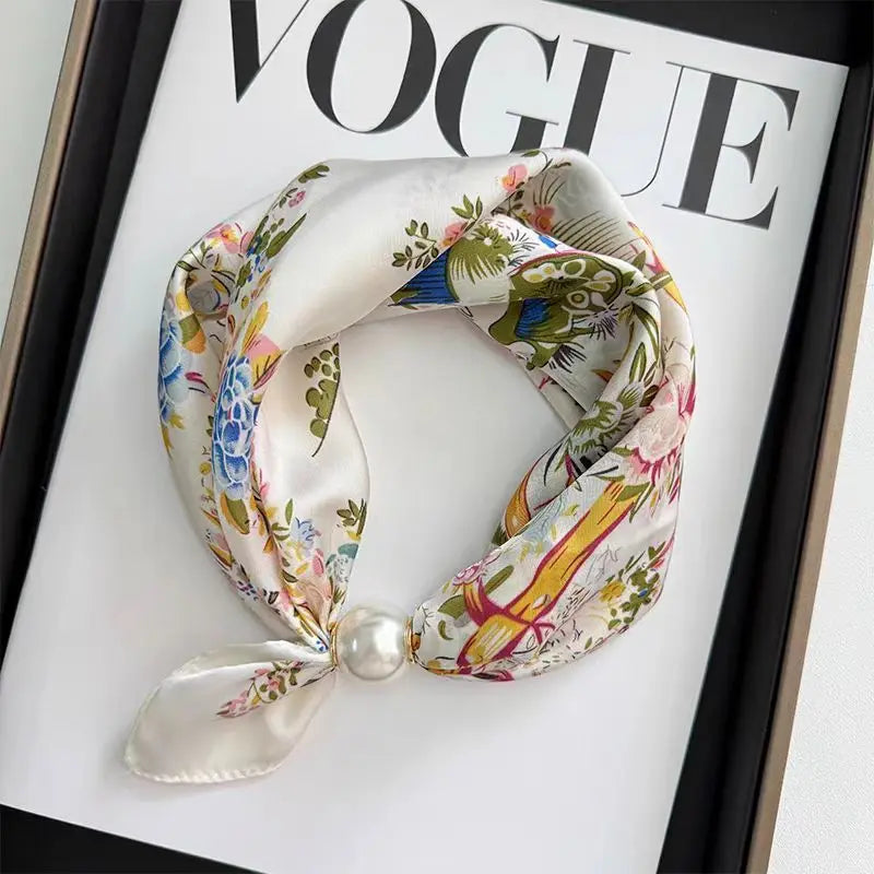 Spring Summer Thin Pearl Silk Scarves Magnetic Buckle Lazy Scarf Women Girls Sweet Elegant Pendant Collarbone Chain Neck Scarf - Ice Cream Cake