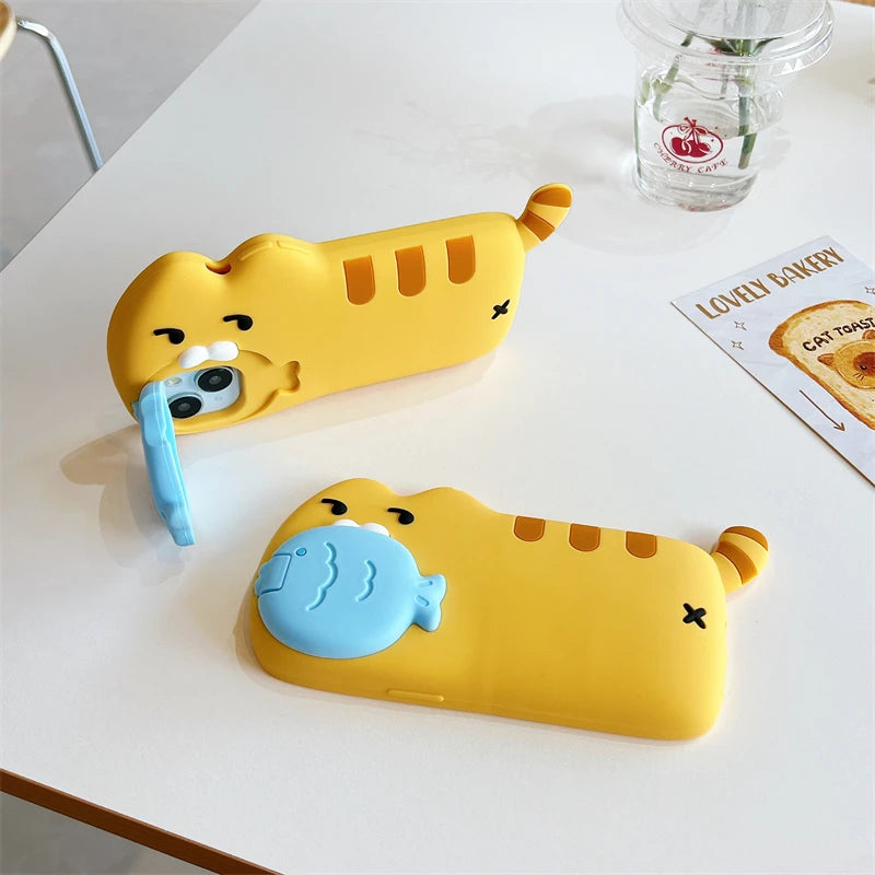 3D Cute Cat Eat Fish Silicone Phone Case For iPhone 17ProMax 17 16 15 14 13 12 Pro Max Funny Cartoon Camera Protection Cover - Ice Cream Cake