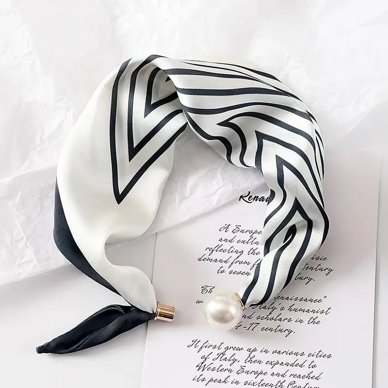 Spring Summer Thin Pearl Silk Scarves Magnetic Buckle Lazy Scarf Women Girls Sweet Elegant Pendant Collarbone Chain Neck Scarf - Ice Cream Cake