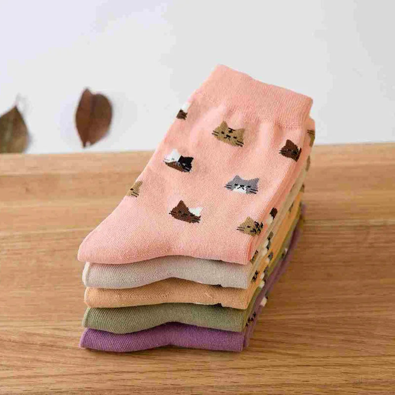 5 Pairs Cat Print Socks, Cute & Comfy All-match Mid Tube Socks, Women's Stockings & Hosiery - Ice Cream Cake