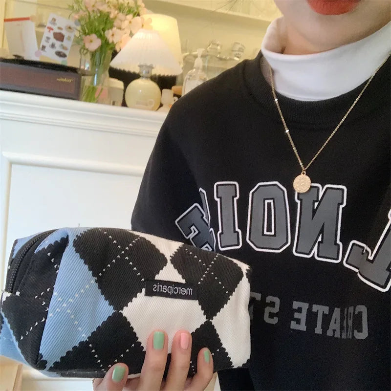 Korean Fashion Plaid Travel Makeup Kits Cosmetic Storage Bag Women Handbags Wallet Organizer Cute School Pencil Cases Pouch Bags - Ice Cream Cake