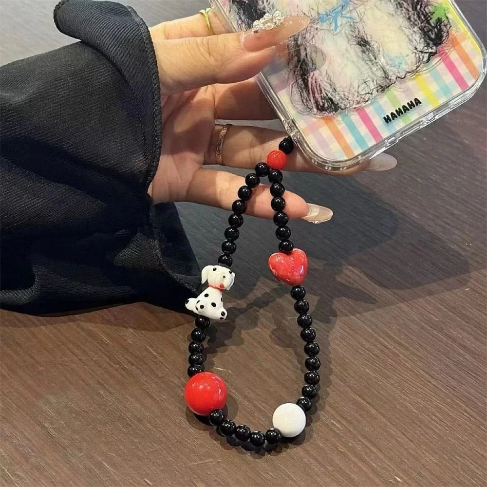 INS Korean Cute Spot Dog Love Heart Beaded Phone Charm Pendant For iPhone 16 Samsung Accessrioes Chain Lanyard Girl Hanging Rope - Ice Cream Cake