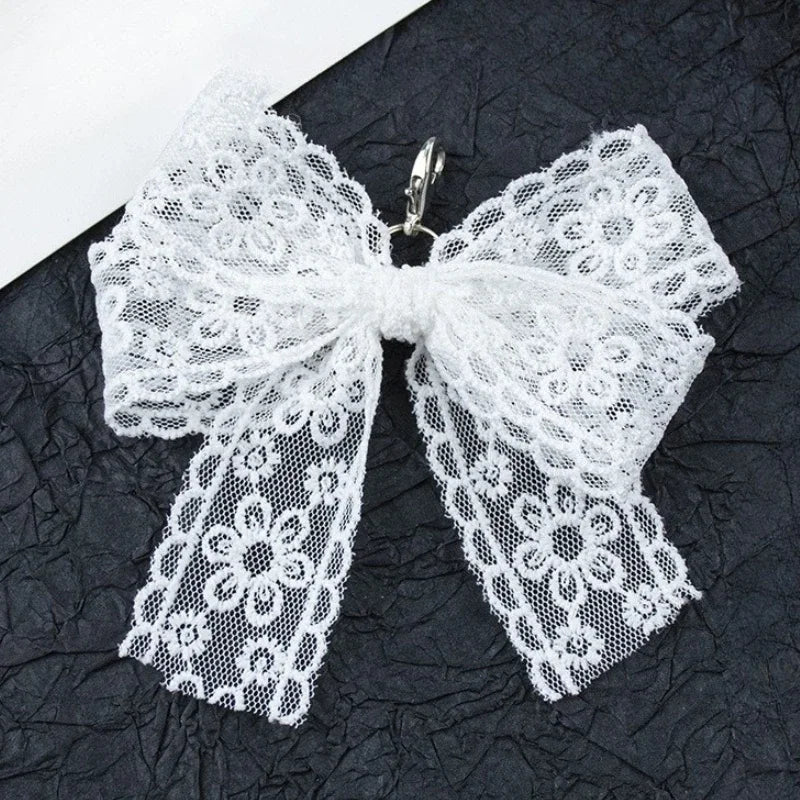 Lace and Faux Pearl Bow Clip-On Keychain Charm