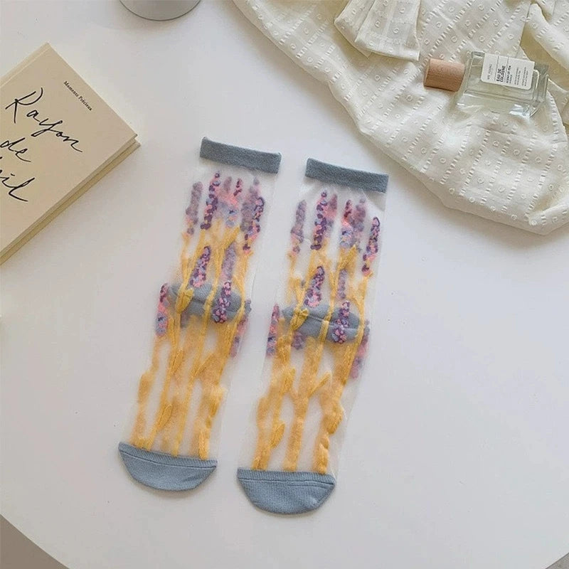 Transparent Floral Crew Socks