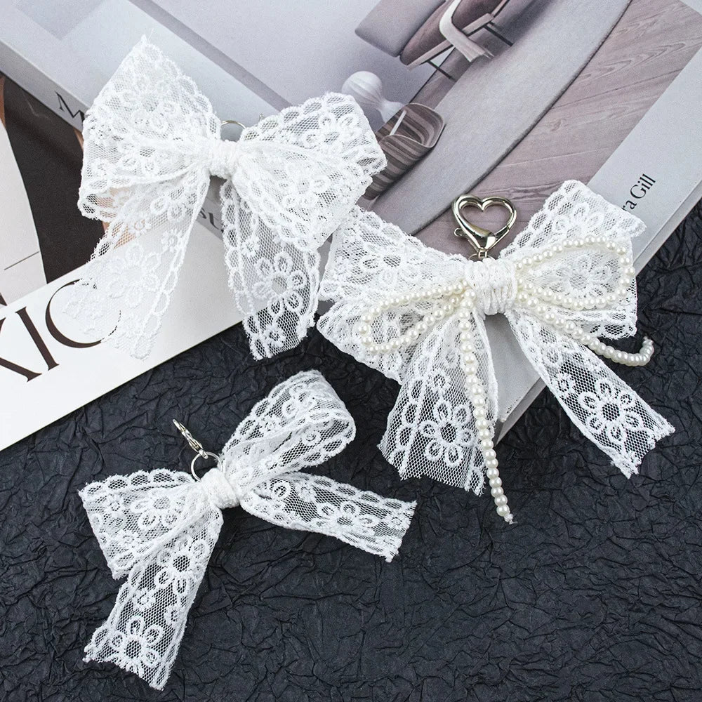 Lace and Faux Pearl Bow Clip-On Keychain Charm