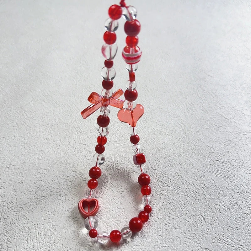 Ribbon and Heart Coquette Beaded Wrist Strap