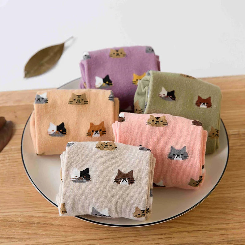 5 Pairs Cat Print Socks, Cute & Comfy All-match Mid Tube Socks, Women's Stockings & Hosiery - Ice Cream Cake