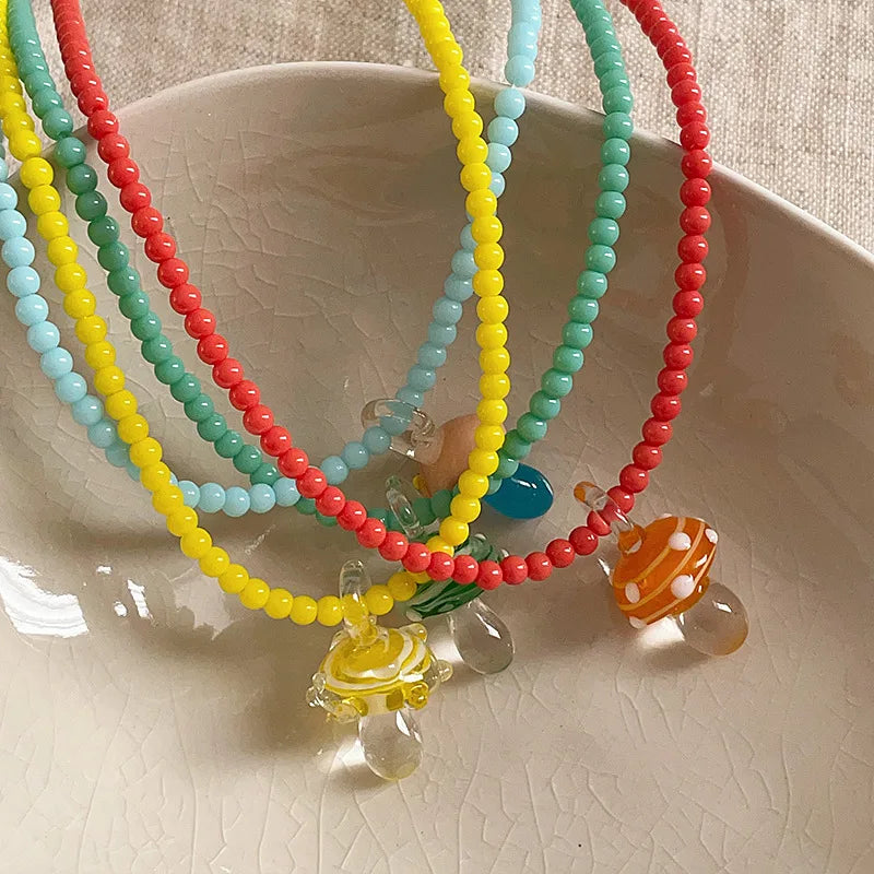 Beaded Mushroom Charm Necklace