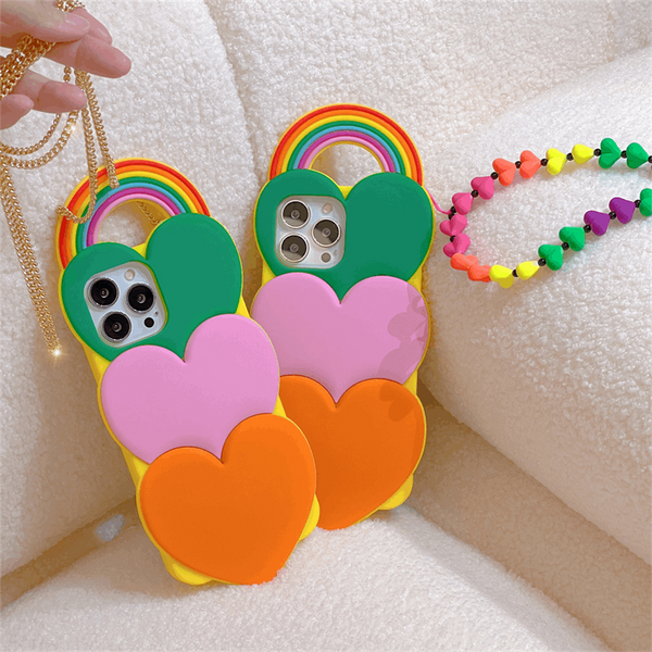 3D Rainbow Heart iPhone Case with Chain or Wrist Strap