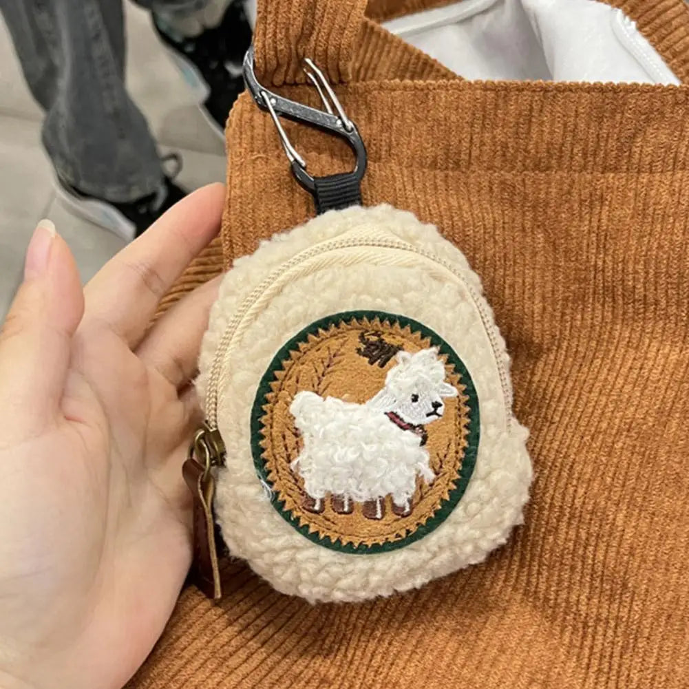 Embroidered Sheep Clip-On Sherpa Coin Purse