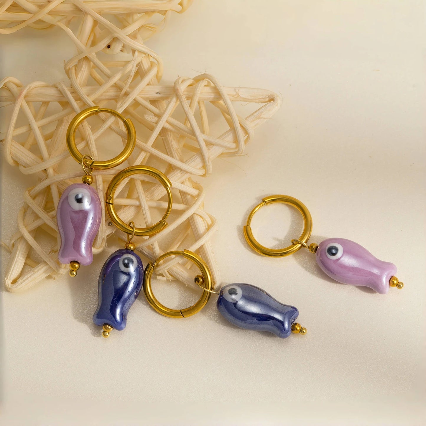 Stainless Steel Ceramic Fish Earrings for Women, Summer Dopamine Jewelry with Vibrant Colorful Pendant Hypoallergenic Gift - Ice Cream Cake