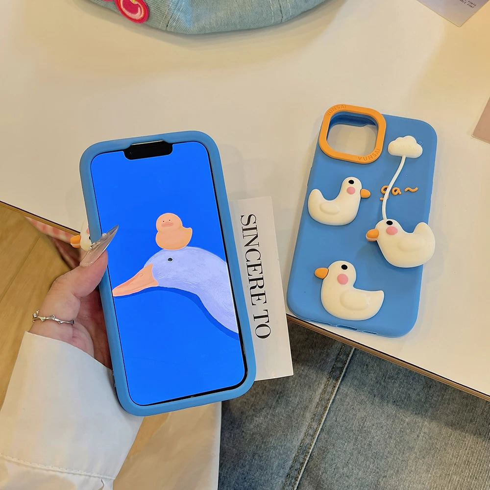 Cute 3D Duck Pendant Shockproof Cover Cartoon Shatter Silicone Soft Phone Case For iPhone 17 16 15 14 13 12 Pro Max - Ice Cream Cake
