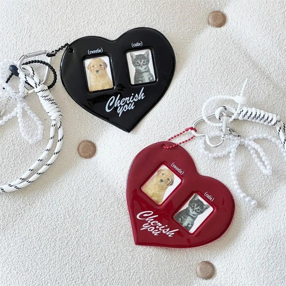 Heart-shaped keychains with pet photos and 'Cherish you' text on a textured surface.