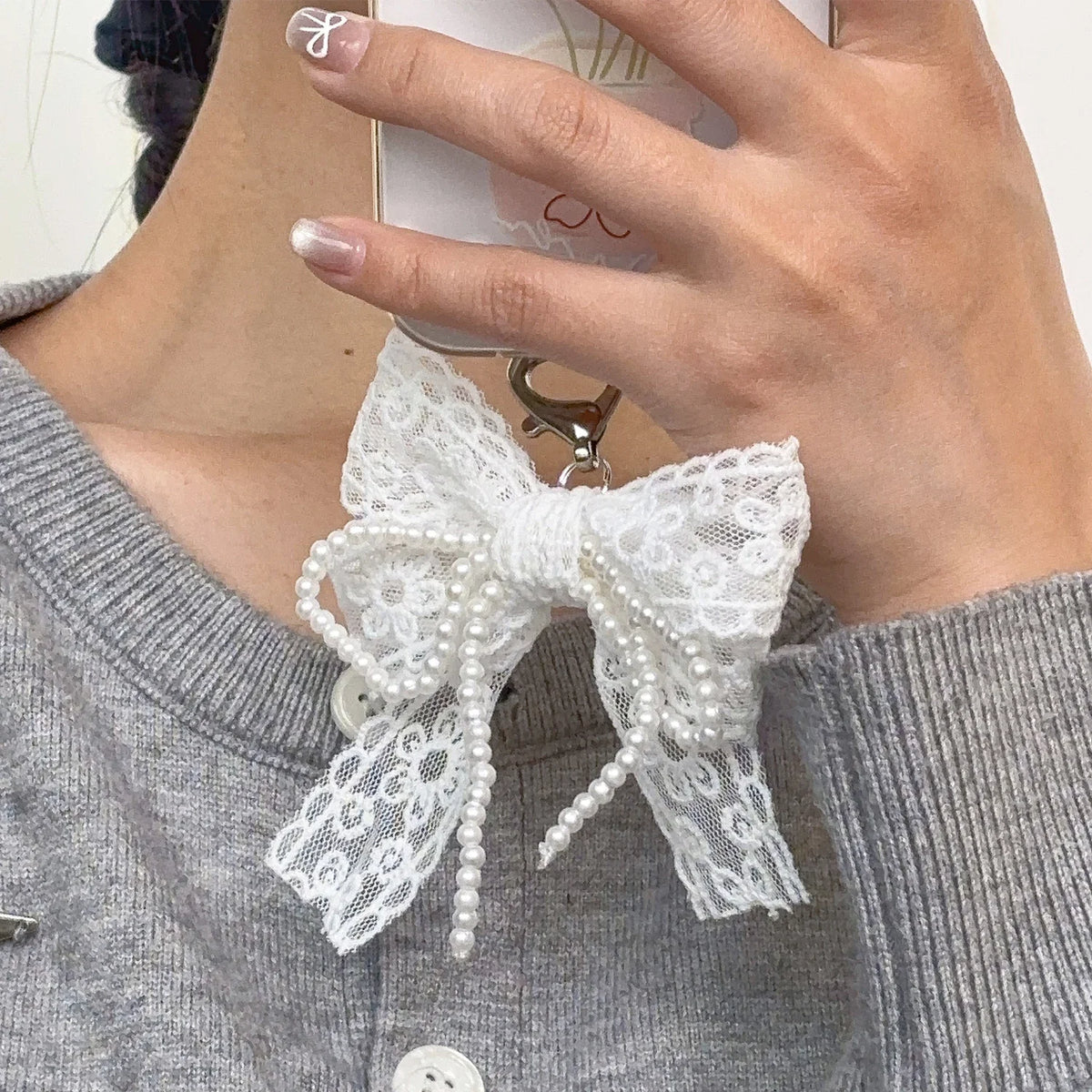 Lace and Faux Pearl Bow Clip-On Keychain Charm