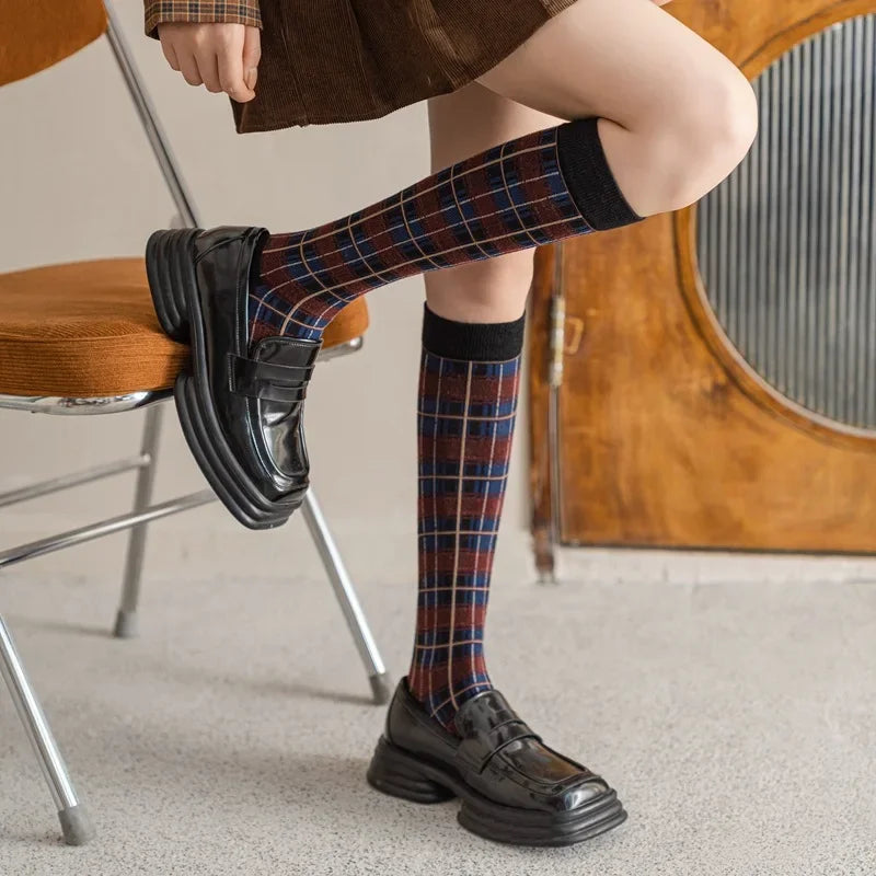 Plaid Long Socks Stocking Women Stockings Harajuku Retro Vintage JK School Girls Cotton Knee Socks Women Stockings College Style - Ice Cream Cake