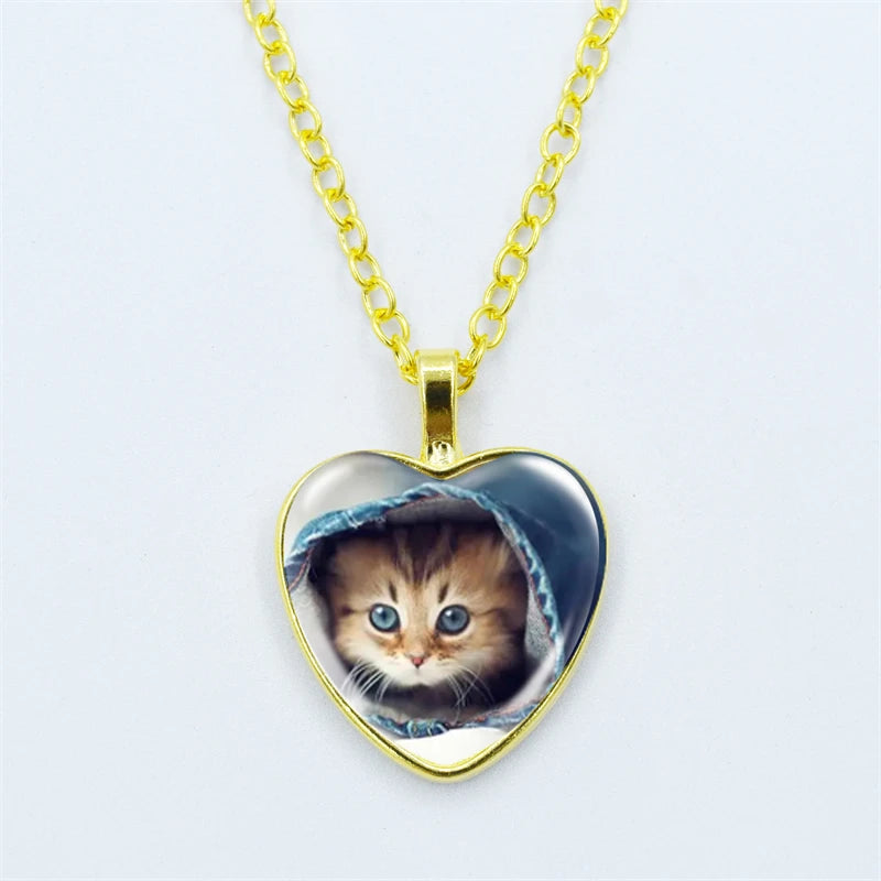 Heart Shaped Kitschy Kitty Cat Pendant Necklace