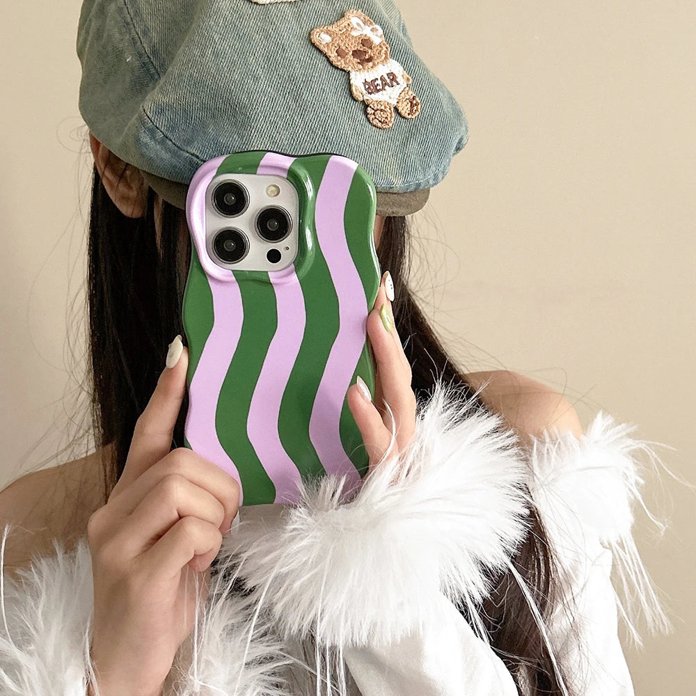Fashion 2 in 1 Glossy Stripes Phone Case for iPhone 13 14 15 16 17 Pro Max Wave Edges Comfortable Touch Hard Slim Back Cover - Ice Cream Cake