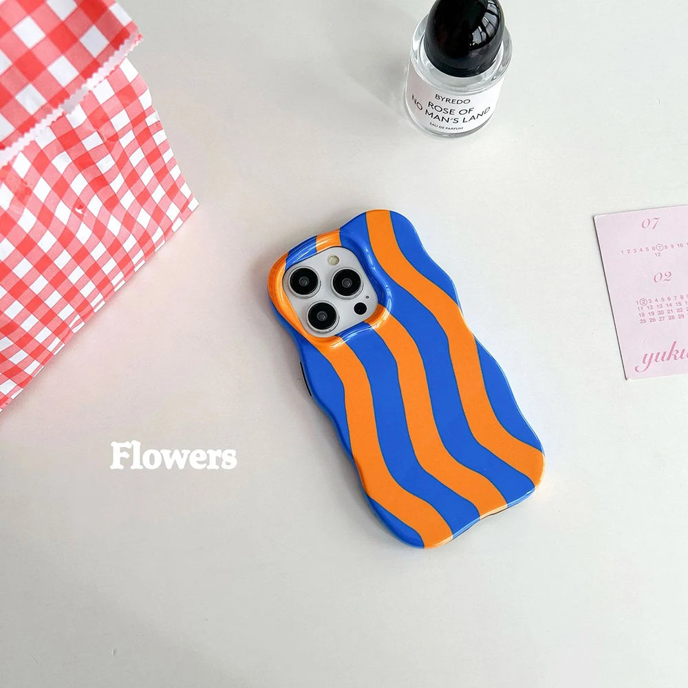 Fashion 2 in 1 Glossy Stripes Phone Case for iPhone 13 14 15 16 17 Pro Max Wave Edges Comfortable Touch Hard Slim Back Cover - Ice Cream Cake