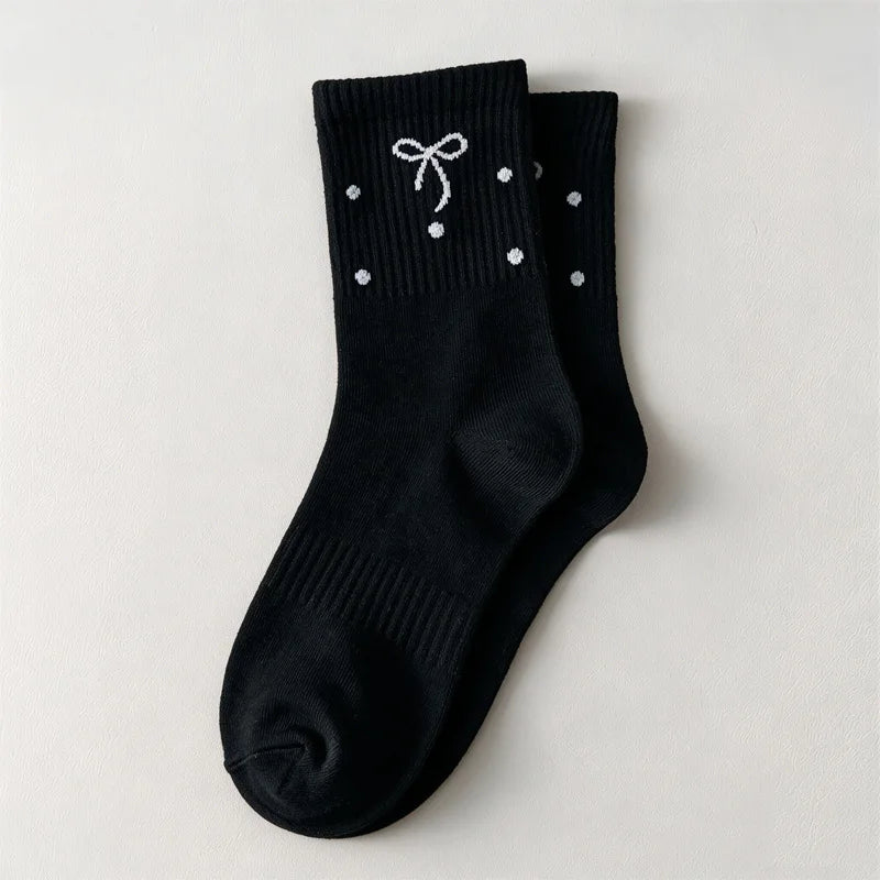5 pairs Women Cute Polka Dot Bowknot Crew Socks Sweet Kawaii Japanese Style Cotton Mid Calf Socks Girls Casual Breathable - Ice Cream Cake