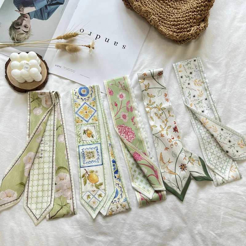 New Long Bag Scarf Women Hair Band Lady Accessories Print Skinny Scarves Headband Satin Ribbon Neck Tie Decorative Bag Scarves - Ice Cream Cake