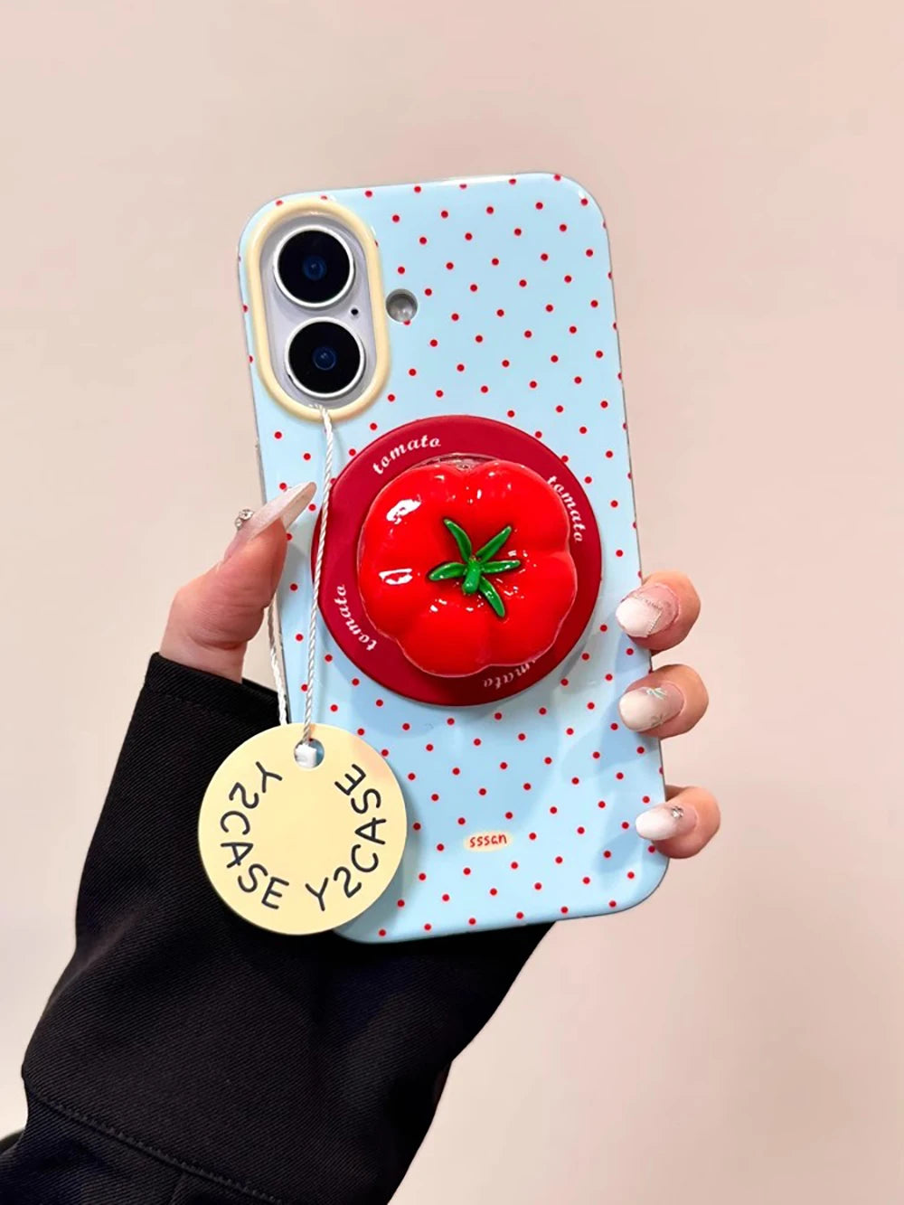 3D Polka Dot Cute Tomato Magnetic Grip Tok Phone Stand Holder Phone Case for iPhone 16 15 13 17 Pro Max For Magsafe Back Cover - Ice Cream Cake