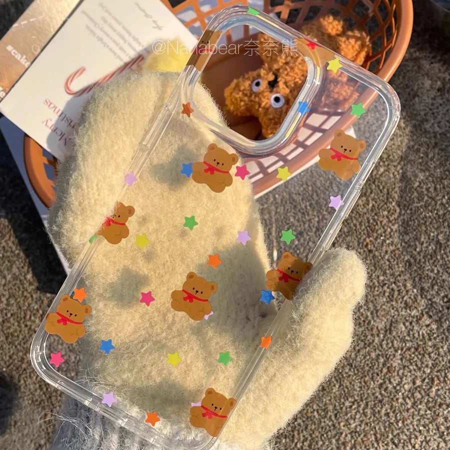 Korean Ins Star Bear Print Phone Case For iPhone 17A 16 15 14 13 12 11 Pro Max 16 15  8 7 Plus 12 Mini XS MAX Anti Drop Cover - Ice Cream Cake
