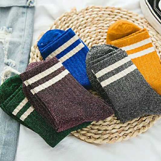 Sports Style Stripe Glitter Crew Socks (5 colours)