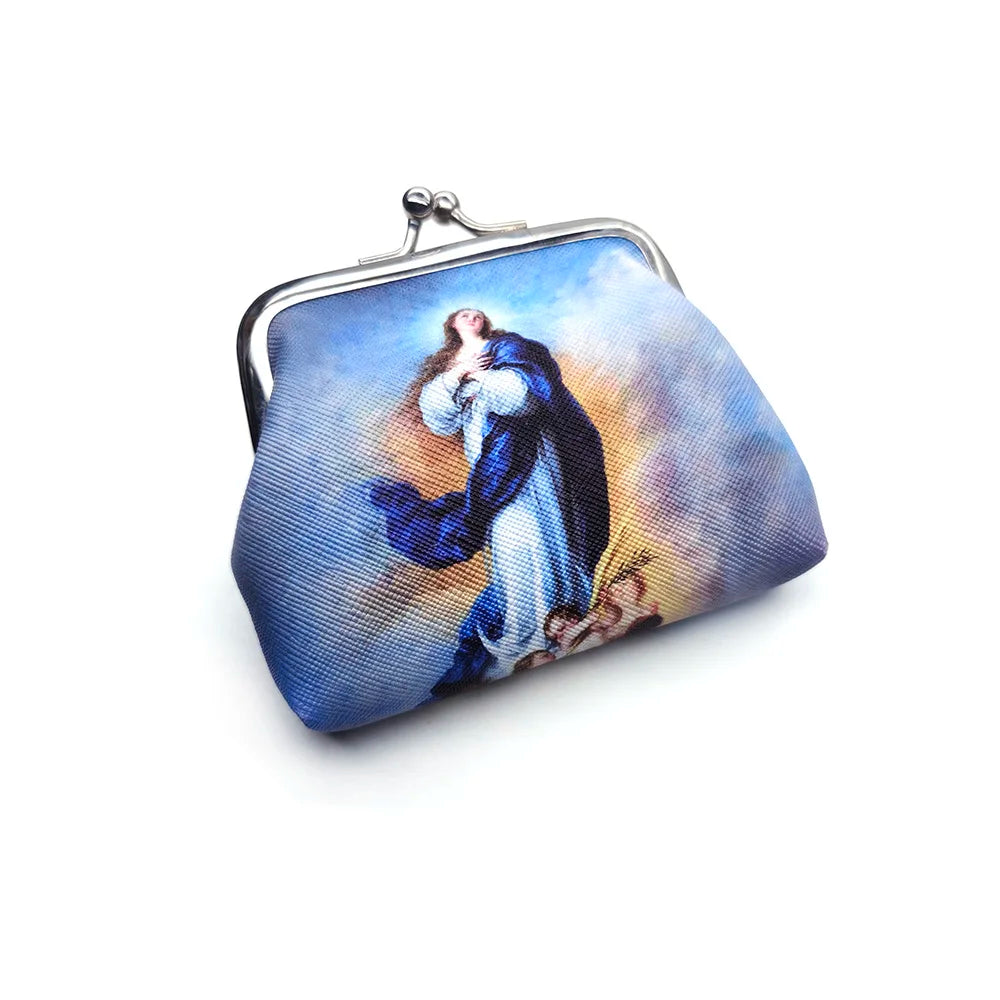 A kiss-lock coin purse featuring a printed religious painting of the Virgin Mary, shown on a clean white background.