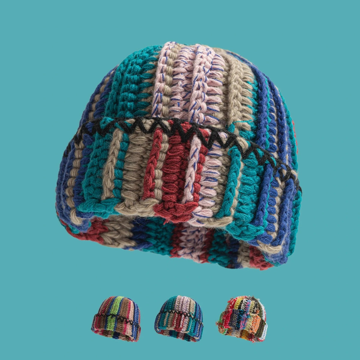 A knitted beanie hat with vertical textured stripes in teal, cream, blue, burgundy, and black, shown on a solid teal background with three smaller color variants at the bottom.