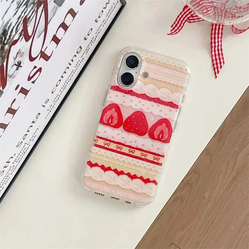 Cream Strawberry Cake Lace Bowknot Phone Case For iPhone 17 16 15 14 13 12 11 Pro Max 16e 17 Air X XR XS Max 7 8 Plus Soft Cover - Ice Cream Cake