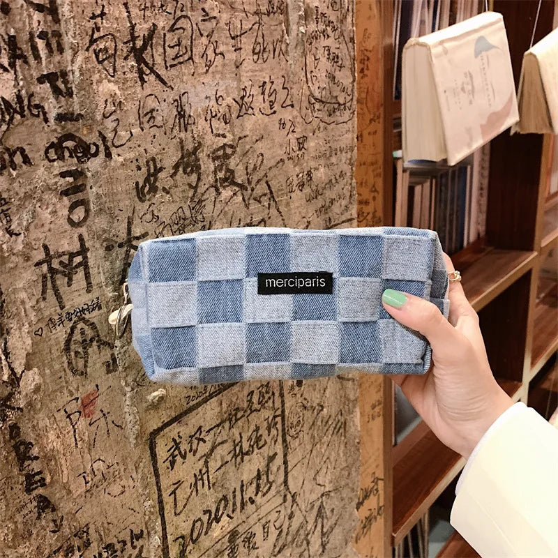 Korean Fashion Plaid Travel Makeup Kits Cosmetic Storage Bag Women Handbags Wallet Organizer Cute School Pencil Cases Pouch Bags - Ice Cream Cake