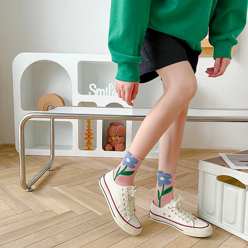 Women Socks Japanese Korean Style Cartoon Flower Rabbit Harajuku Cute Kawaii Mid Tube Breathable Casual Short Cotton Socks - Ice Cream Cake