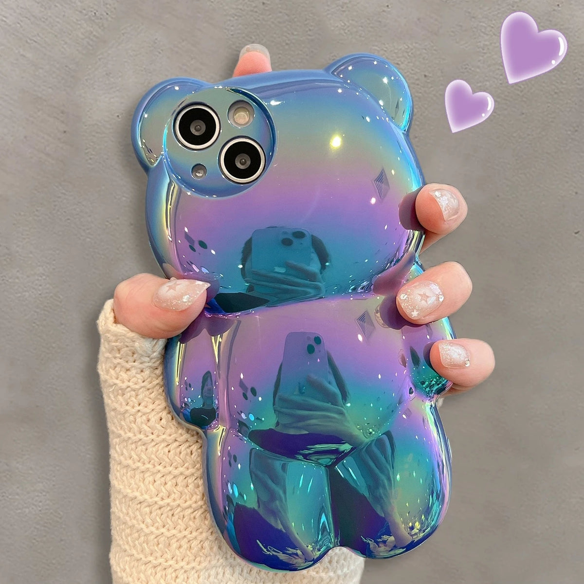 Ins Cute 3D Aurora Cartoon Bear Case For iPhone 11 13 12 14 15 16 17 Pro Max Plus Air Colorful Laser Rainbow Gradient Soft Cover - Ice Cream Cake