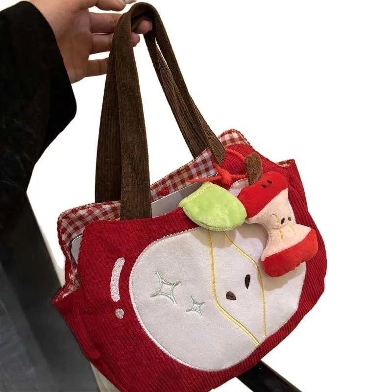 Red Apple Handbag Creative Cute Corduroy Shoulder Bag Stylish Outing Canvas Bag With Apple Pendant Casual Versatile Shoulder Bag - Ice Cream Cake