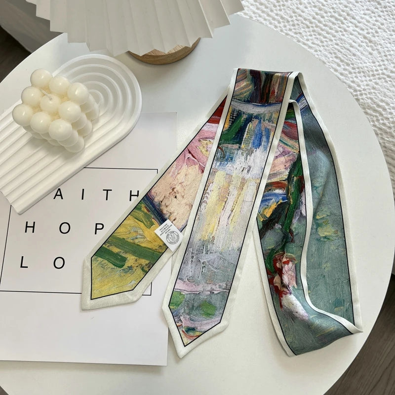 High-Grade Flower Print Long Silk Scarf Hair Band Ribbon Tied-up Hair Long Bow Vintage Satin Ribbon Hair Accessories For Women - Ice Cream Cake