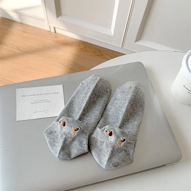 Spring Summer Thin Women Short Socks Polka Dots Cute Cartoon Sausage Dog Embroidery Boat Socks Pure Cotton Short Trendy Socks - Ice Cream Cake