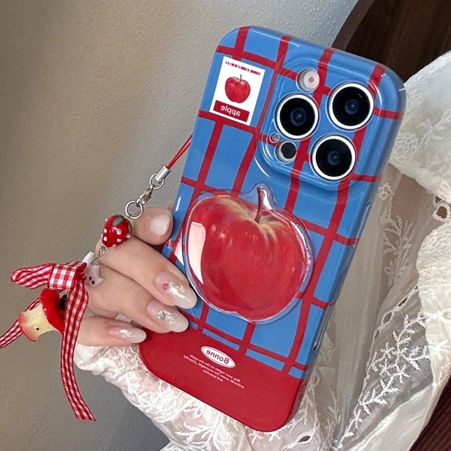 Korean Cute 3D Red Apple Lattice Phone Case With Chain For iPhone 17 16 15 14 13 12 11 Pro Max XS XR X 7 8 Plus Shockproof Cover - Ice Cream Cake