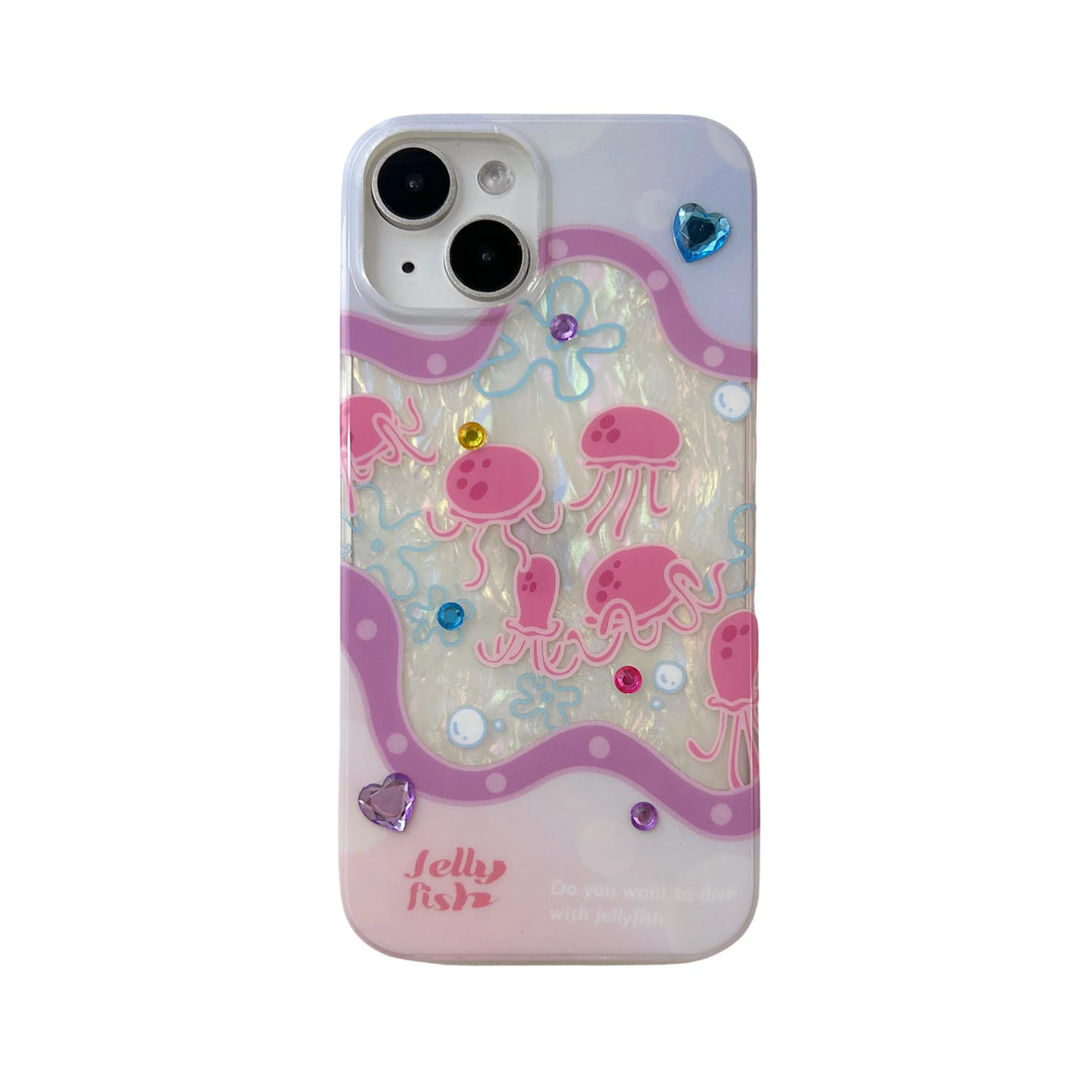 Phone case with jellyfish design and 'Jelly Fish' branding on a white background