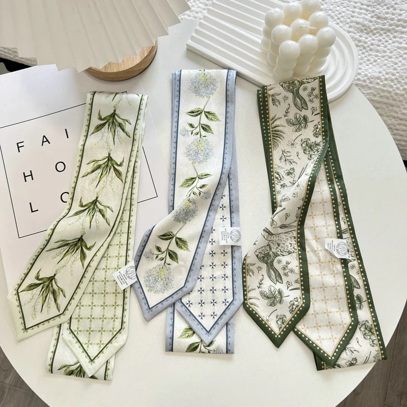 High-Grade Flower Print Long Silk Scarf Hair Band Ribbon Tied-up Hair Long Bow Vintage Satin Ribbon Hair Accessories For Women - Ice Cream Cake