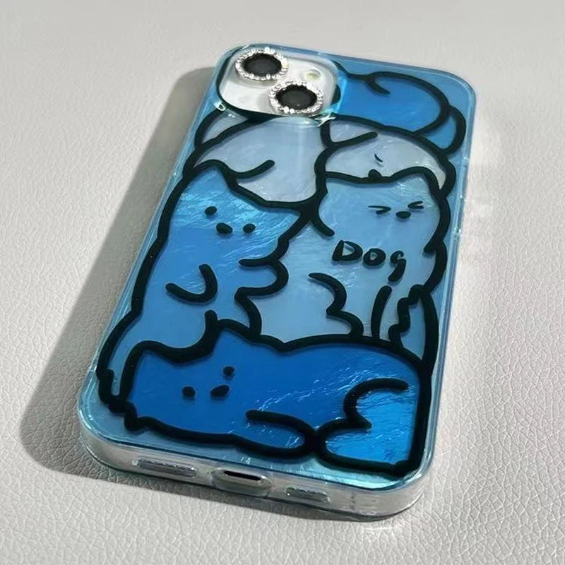 Phone case with blue and black dog illustration on a light gray background