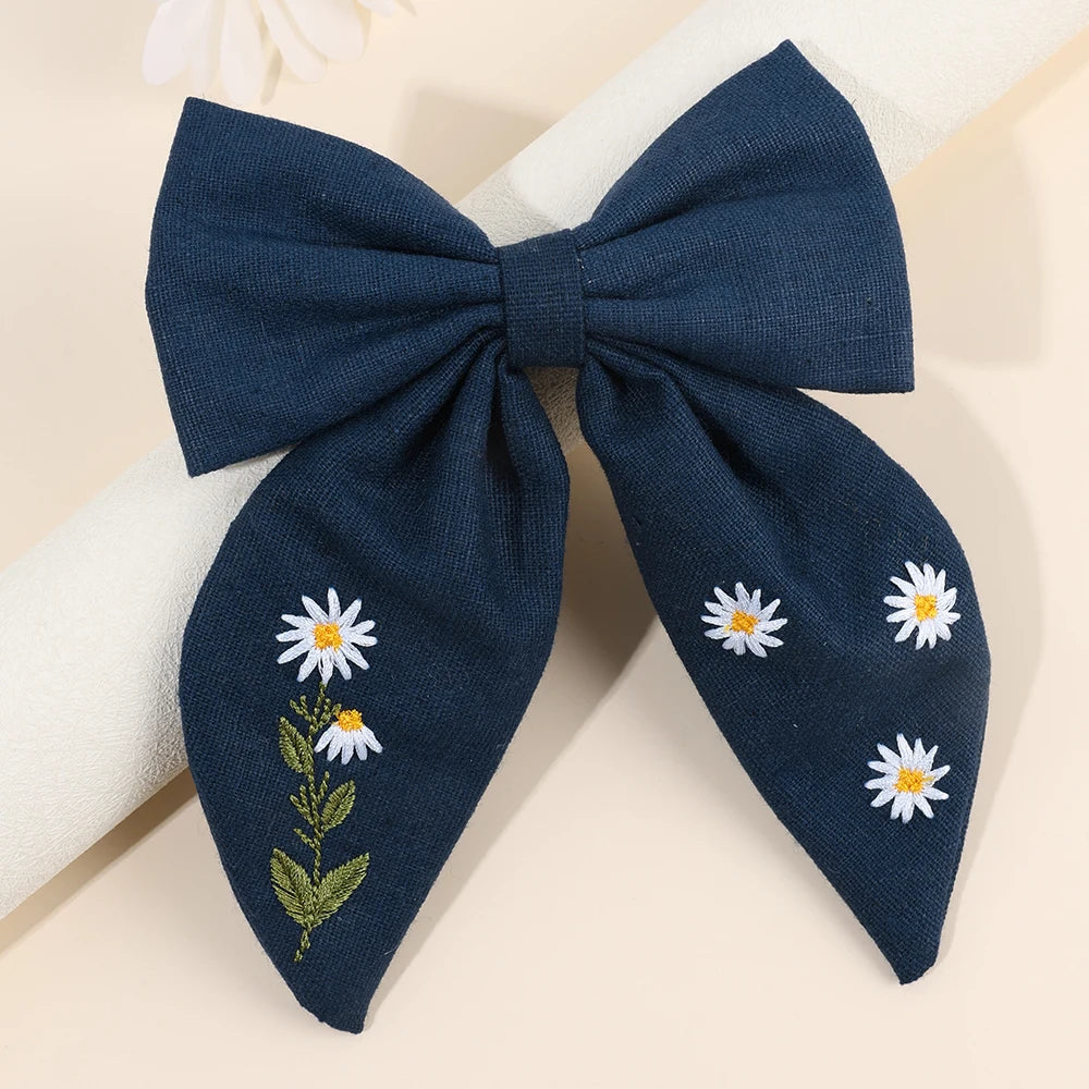 Daisy Embroidery Hair Ribbon Bow Clip