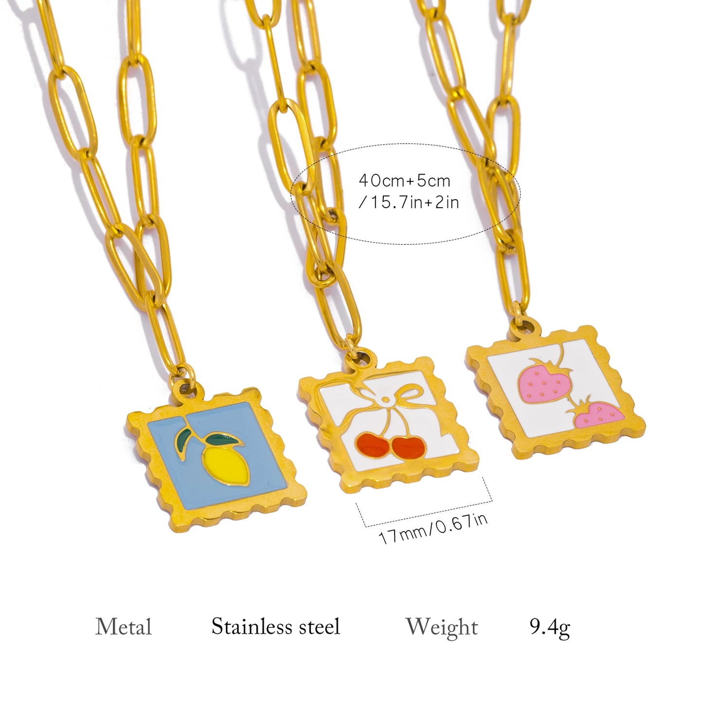 Three necklaces with framed pendants on a white background