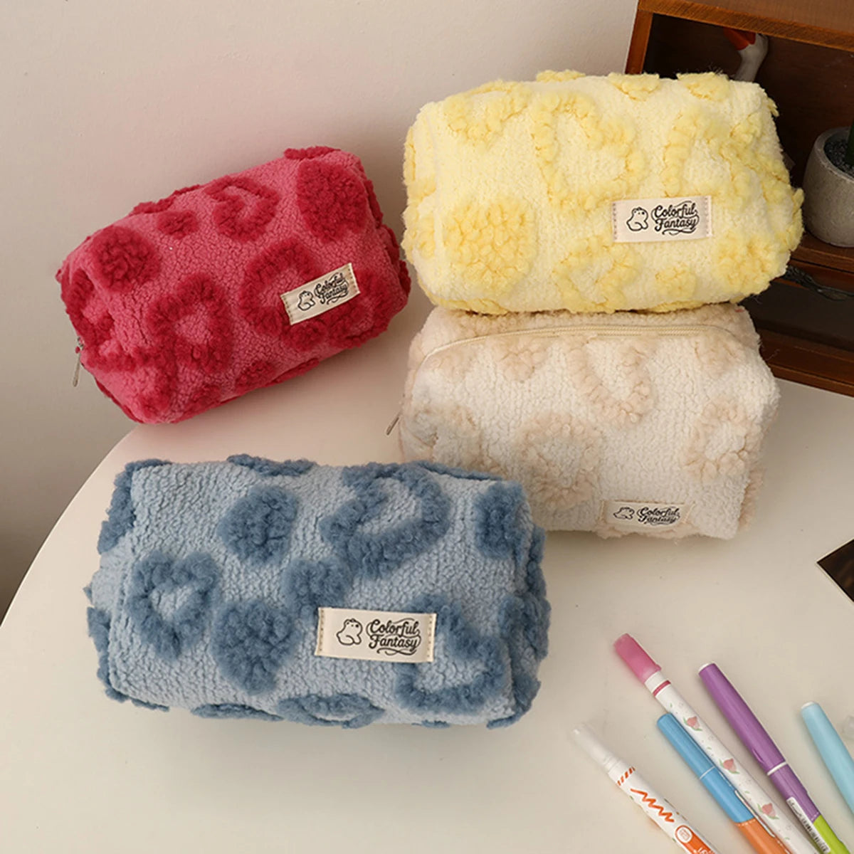 Cute Plush Heart-Shaped Pencil Case, Valentine's Day Gift for Her, Office Study Stationery Organizer, Portable Clutch Bag - Ice Cream Cake