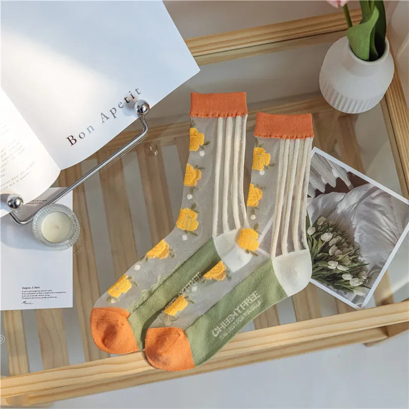 Transparent Floral Crew Socks