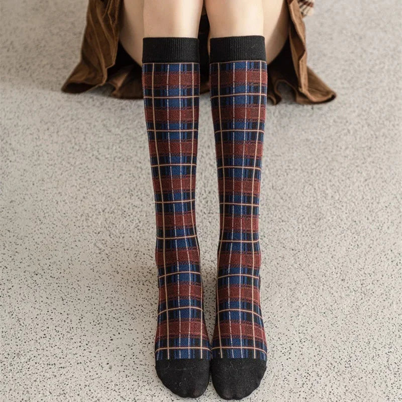 Plaid Long Socks Stocking Women Stockings Harajuku Retro Vintage JK School Girls Cotton Knee Socks Women Stockings College Style - Ice Cream Cake