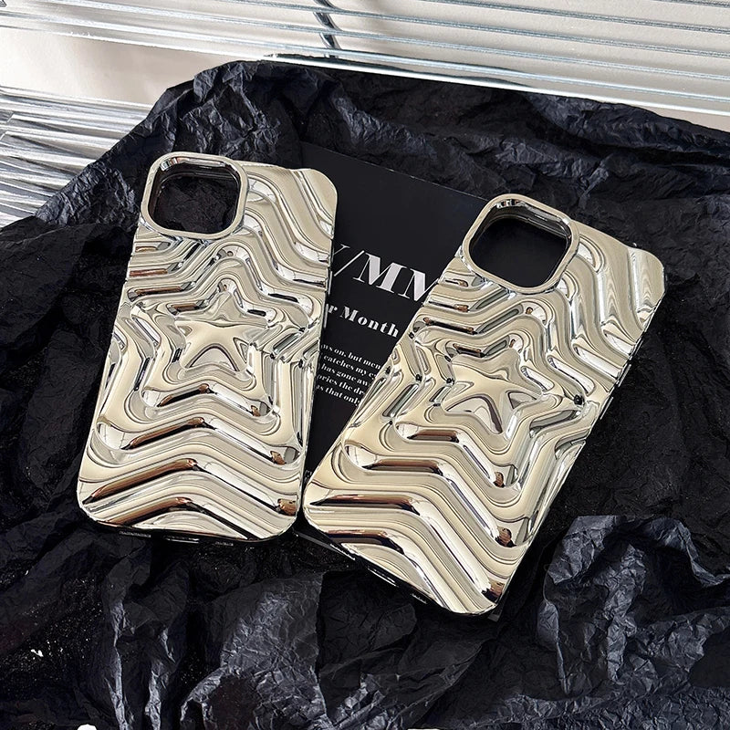 Bling Chromed Silver Gradient Five-pointed Star TPU Phone Case For iPhone 16 Pro Max 17 15 13 14 Plating Silicone Back Cover - Ice Cream Cake