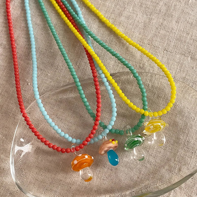 Beaded Mushroom Charm Necklace