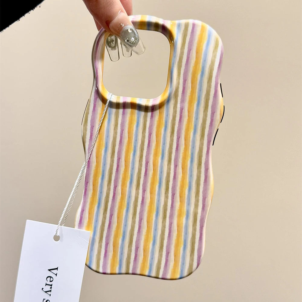 Luxury 2 in 1 Glossy Double Color Wave Stripes Case for IPhone 13 14 15 16 17 Pro Max 17Air Hit Color Collision Shockproof Cover - Ice Cream Cake